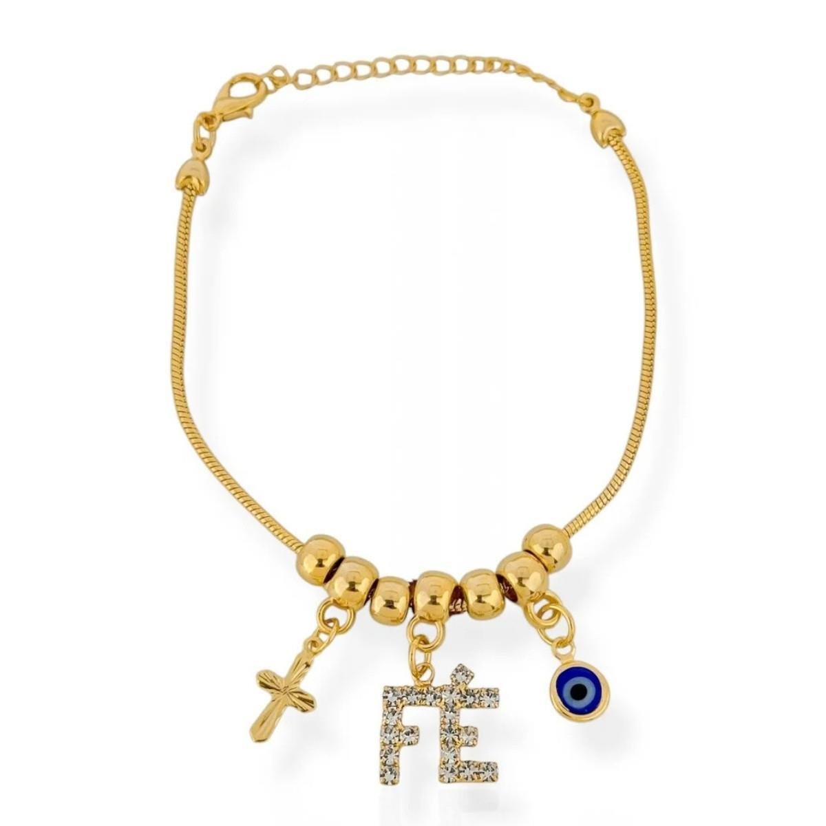 PULSEIRA CRUZ FÉ COM ZIRCÔNIA E OLHO GREGO BANHADA A OURO