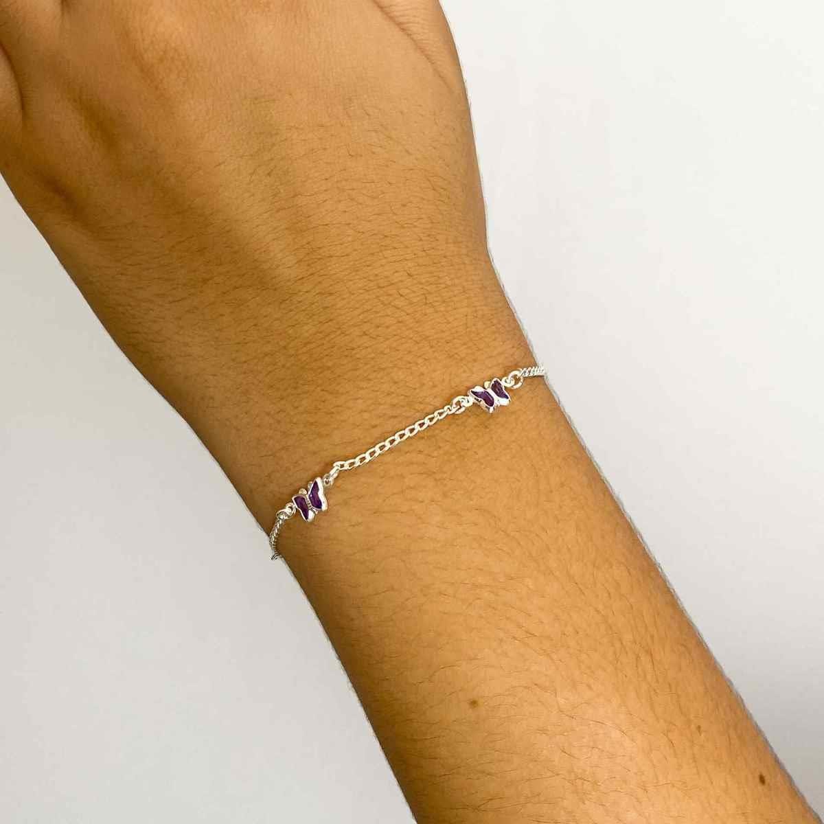 Pulseira de Borboletas Coloridas Folheado a Prata