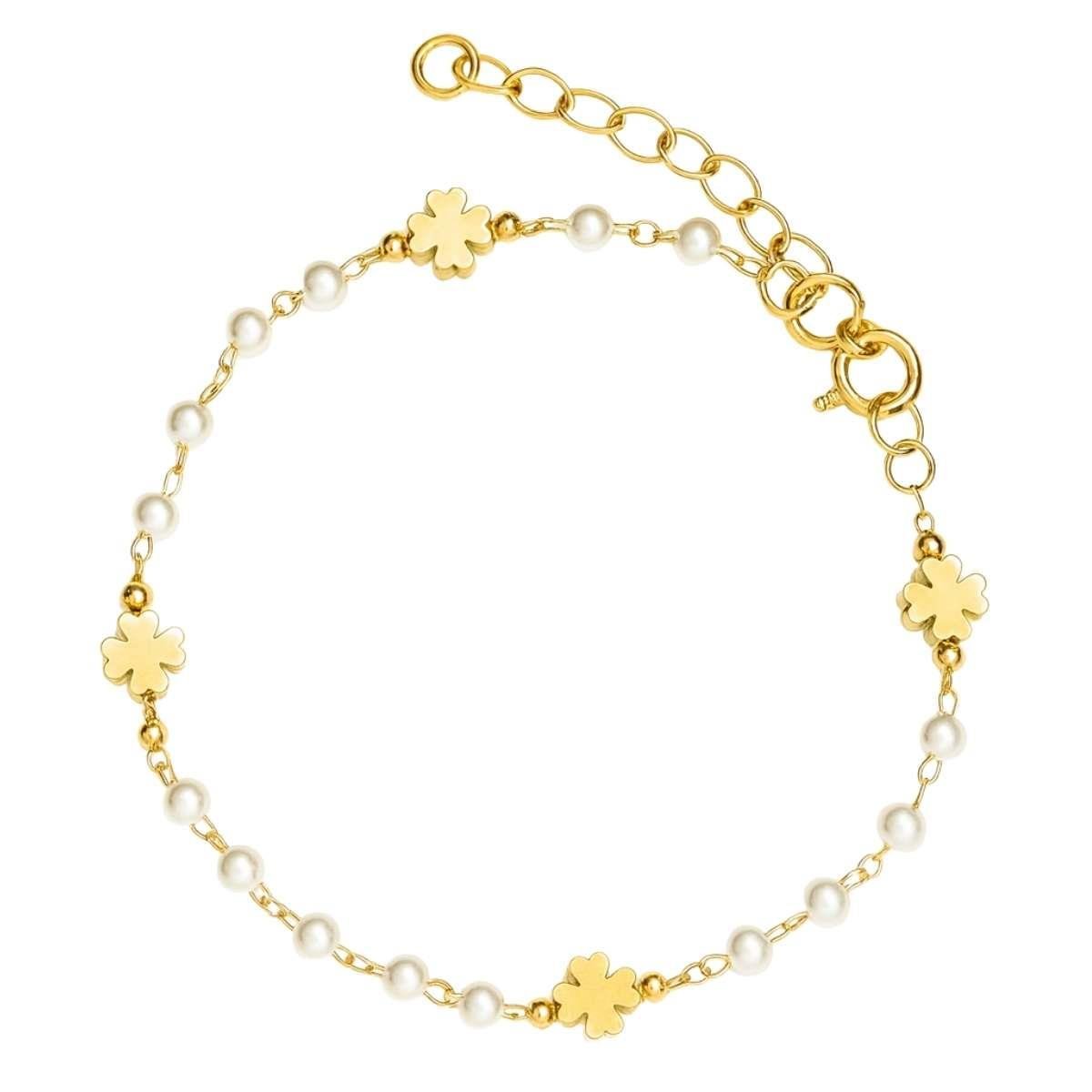 Pulseira de Trevo com Pérolas 18cm Banhado a Ouro