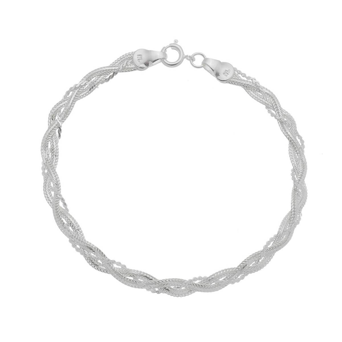 Pulseira de Prata 3 Fios Trançados Detalhado 18cm