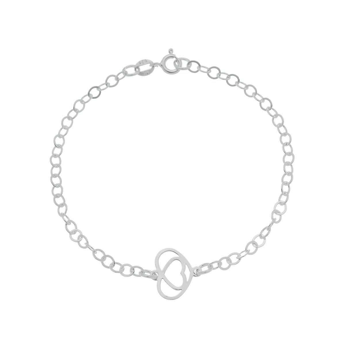 Pulseira De Prata com Pingente Dois Corações Vazados 18cm