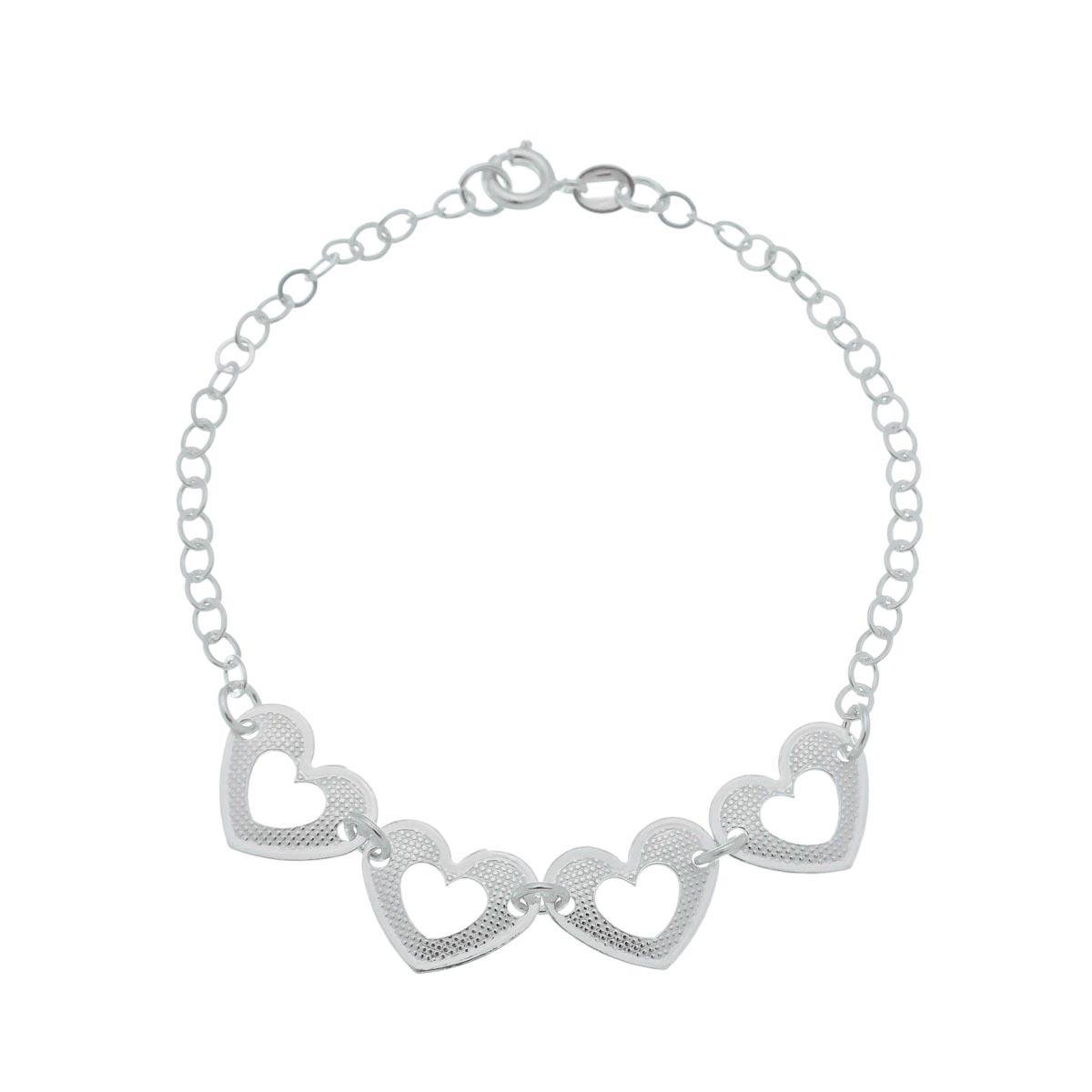 Pulseira de Prata Com Quatro Chapas de Coração Vazado 18cm