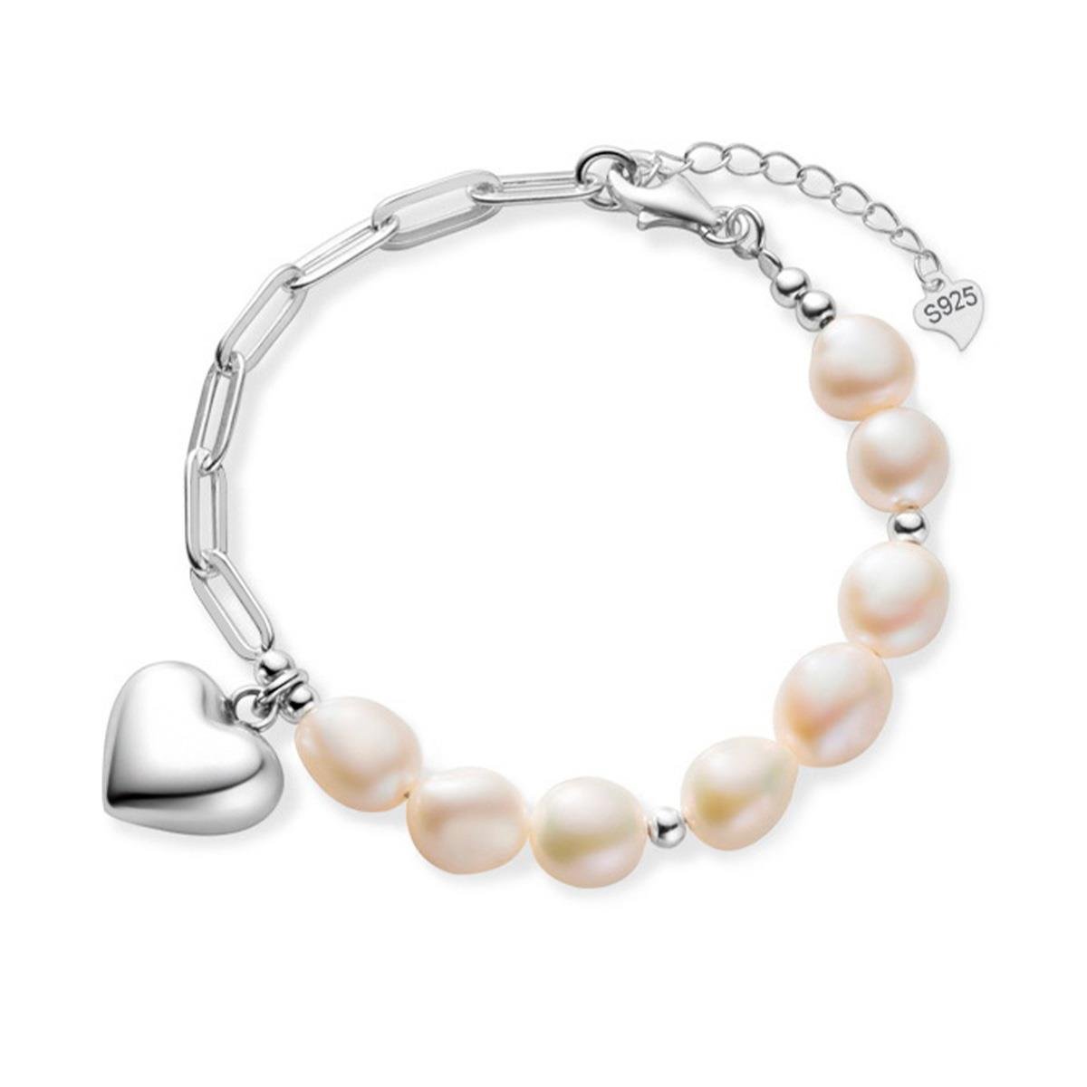 PULSEIRA DE PRATA 925 COM CORAÇÃO E PÉROLAS