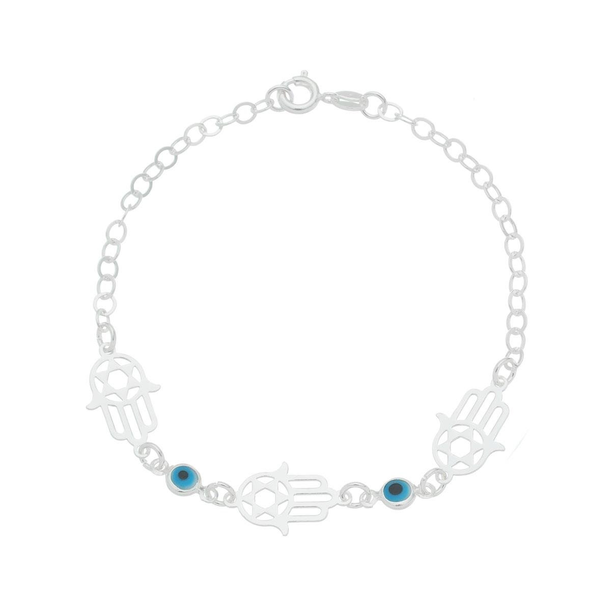 Pulseira de Prata Com Olho Grego e Mão De Fátima 18cm