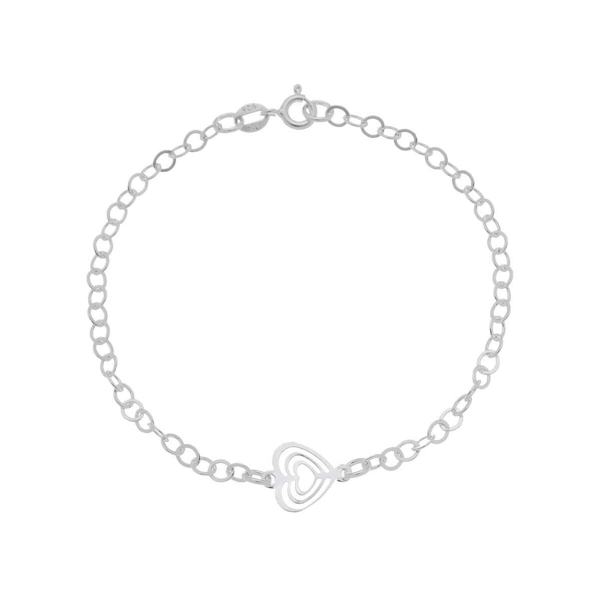 Pulseira De Prata Com Pingente Coração Triplo Vazado 18cm