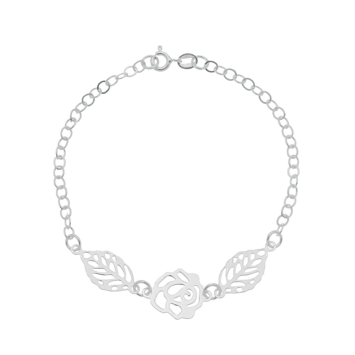 Pulseira de Prata 925 Duas Folhas e Uma Rosa 18cm