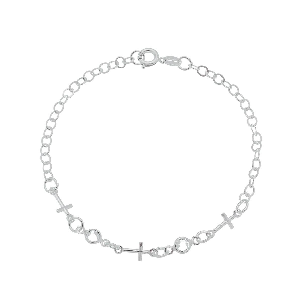 Pulseira de Prata Elo Cadeado com Cruz e Zircônia 18cm