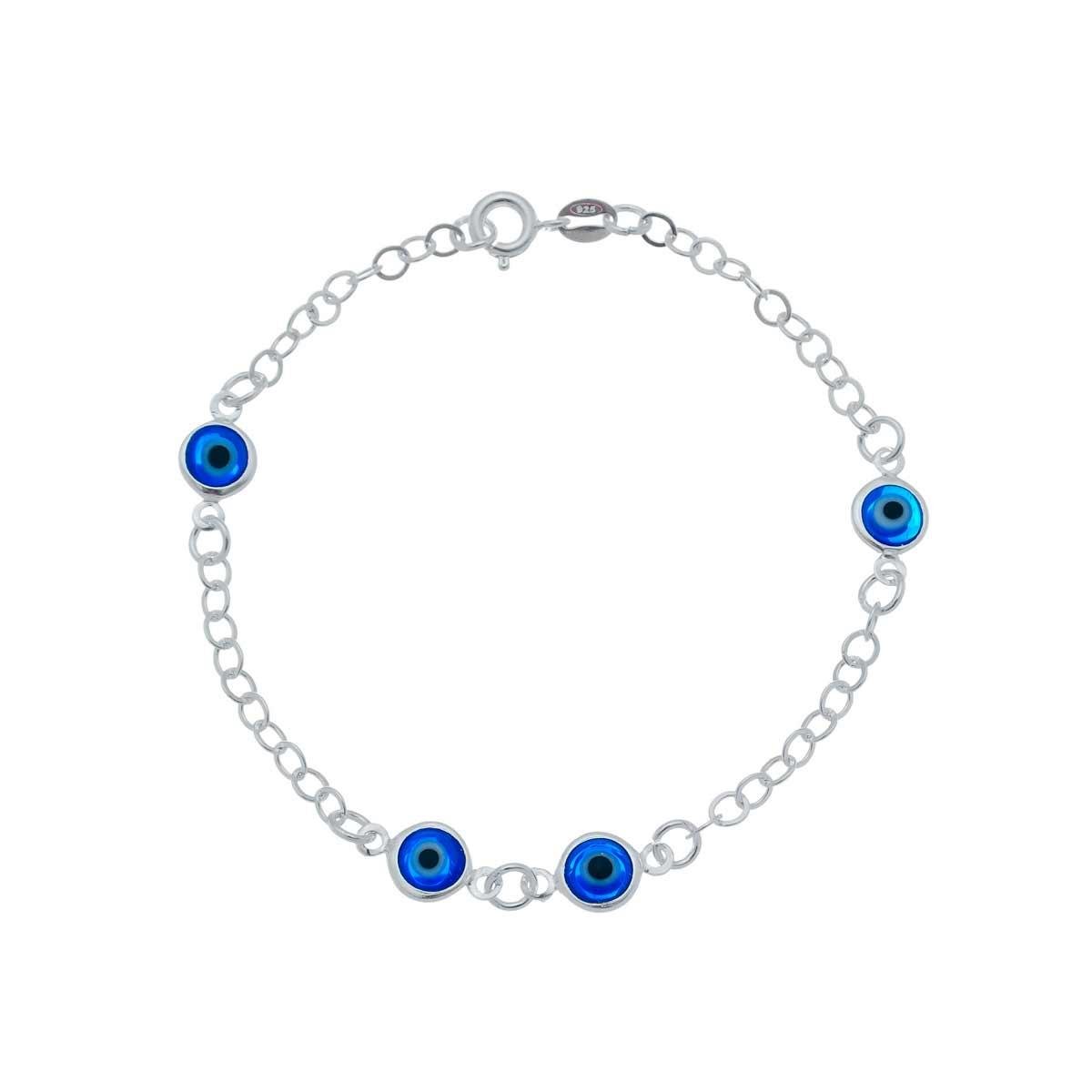 Pulseira de Prata Elo Cadeado com Quatro Olhos Gregos Azul Marinho 18cm