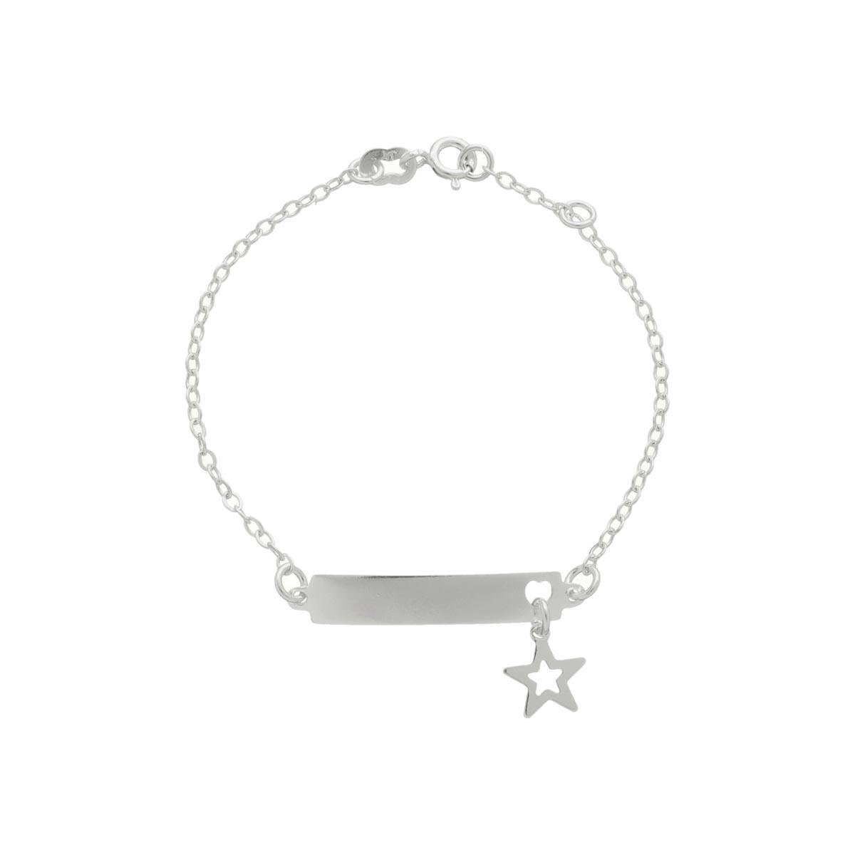 PULSEIRA DE PRATA 925 INFANTIL PLAQUINHA E PINGENTE DE ESTRELA 15CM