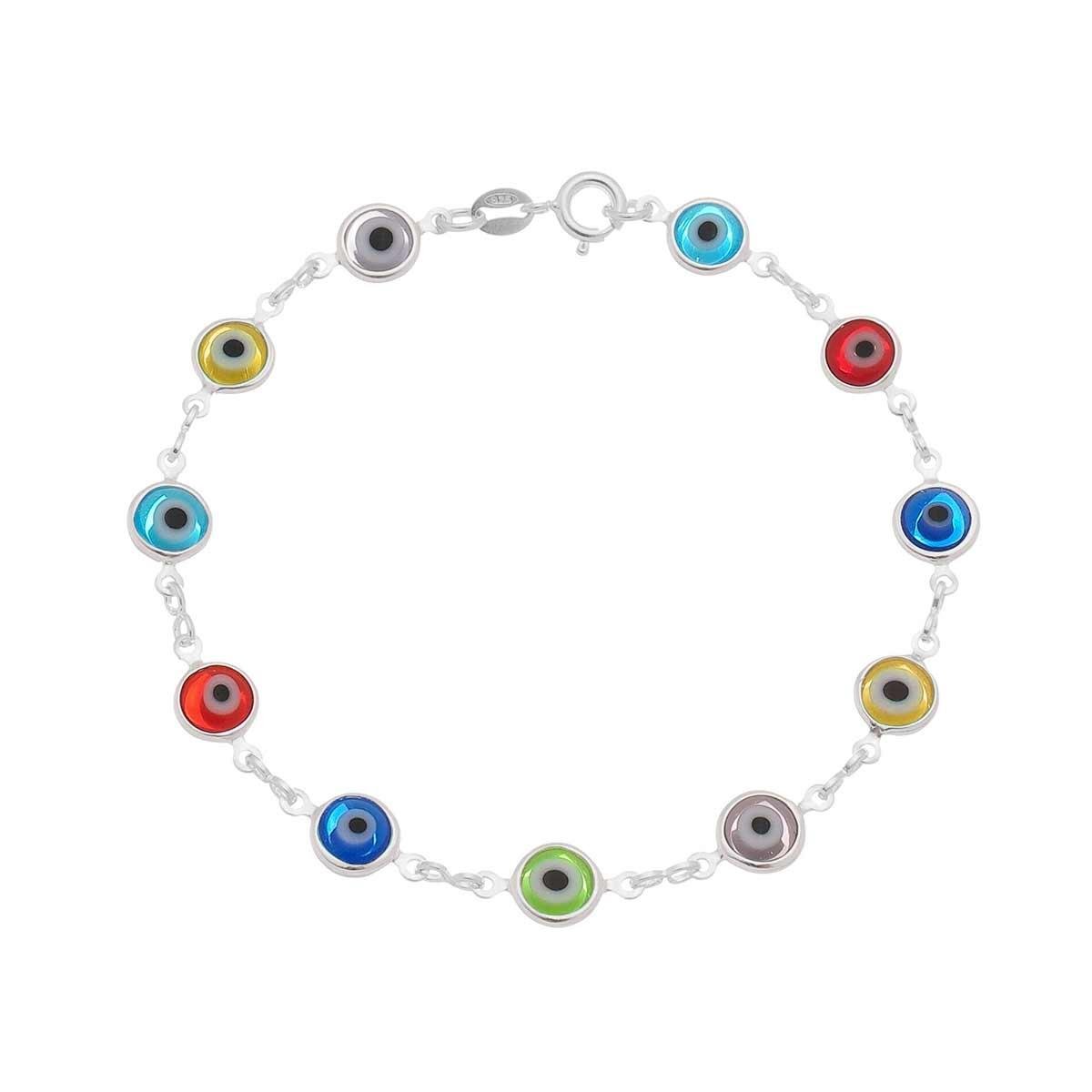 Pulseira De Prata Olho Grego Colorido 18cm