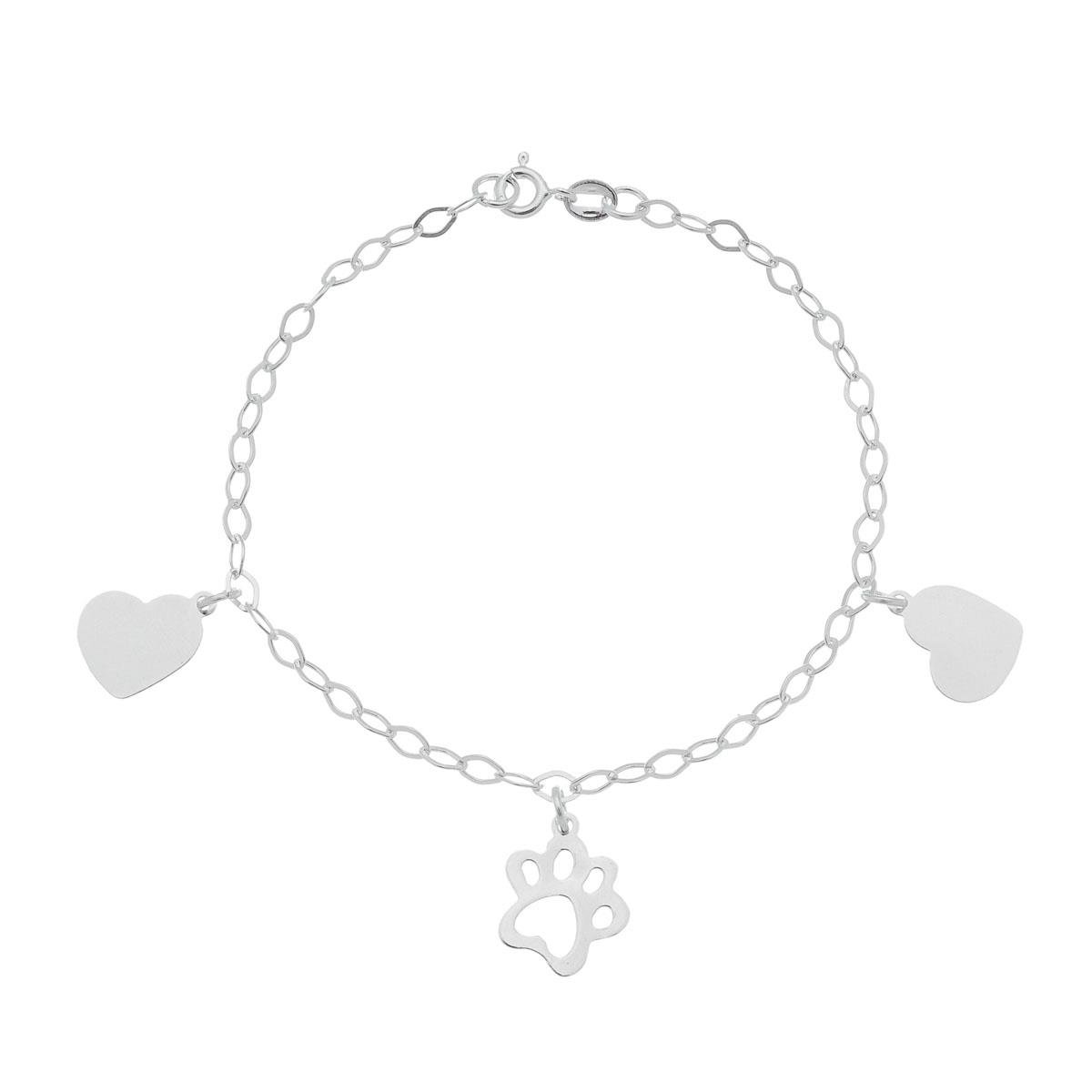 Pulseira de Prata Com Patinha e Dois Corações 18cm