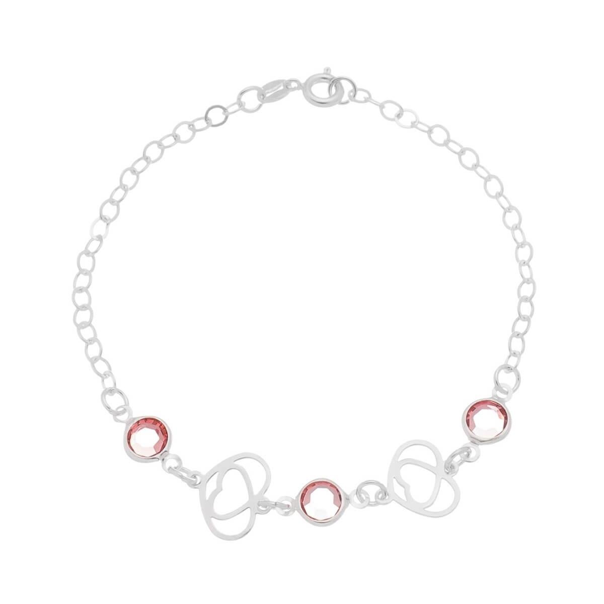 Pulseira de Prata Corações Vazados e Três Pontos de Luz Rosa