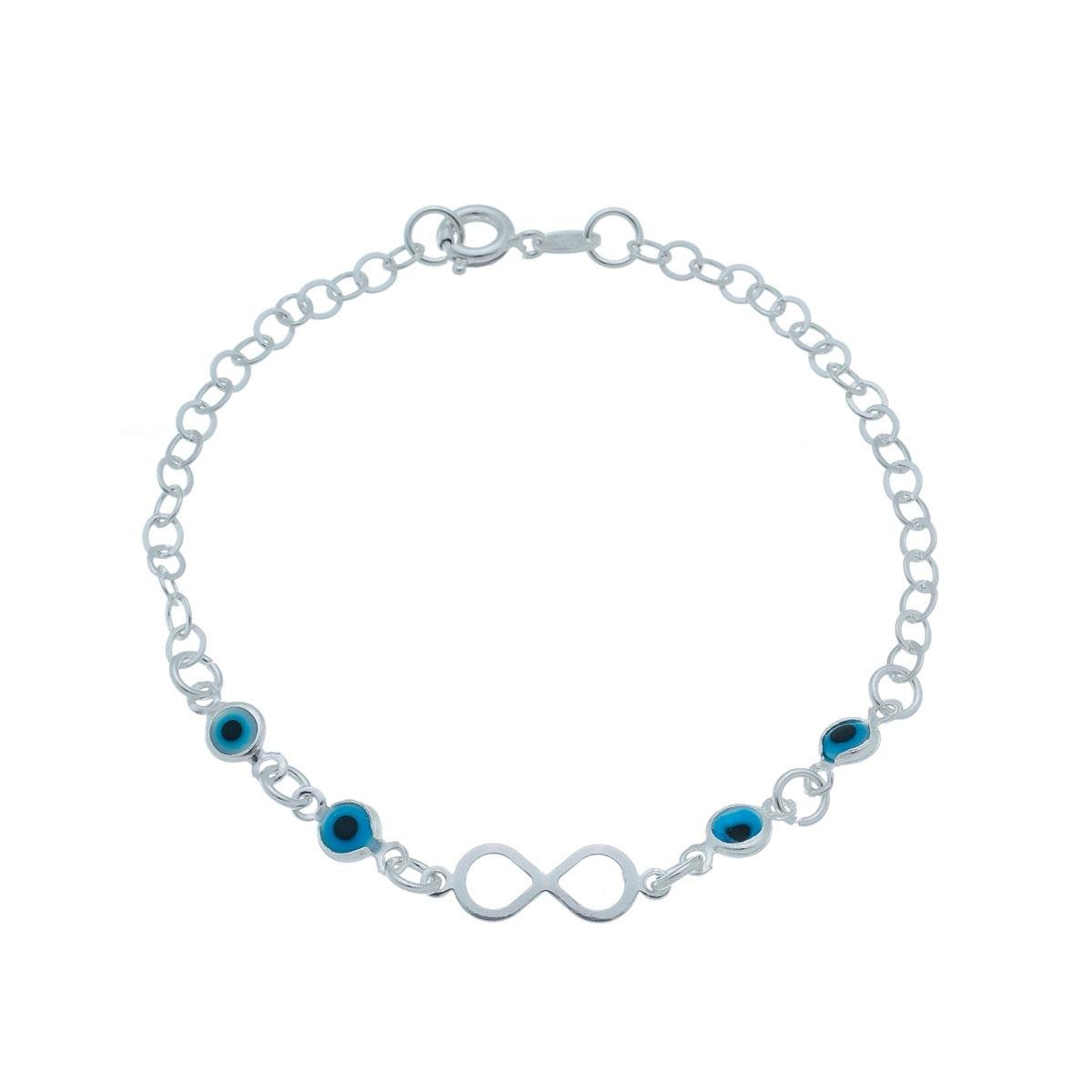 Pulseira de Prata com Olho Grego e Infinito 5mm 18cm