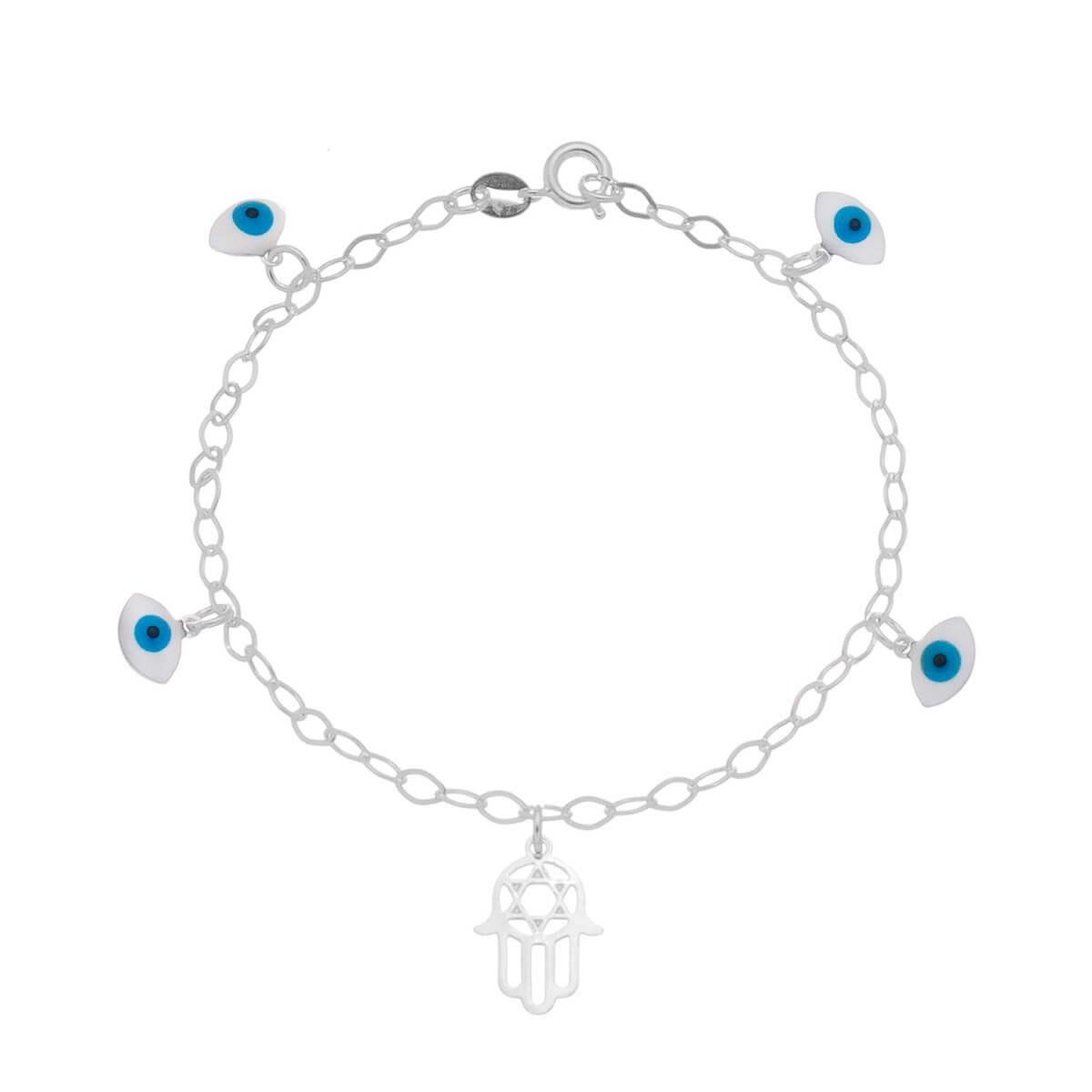 Pulseira de Prata com Olho Grego Navete e Mão de Fátima 18cm
