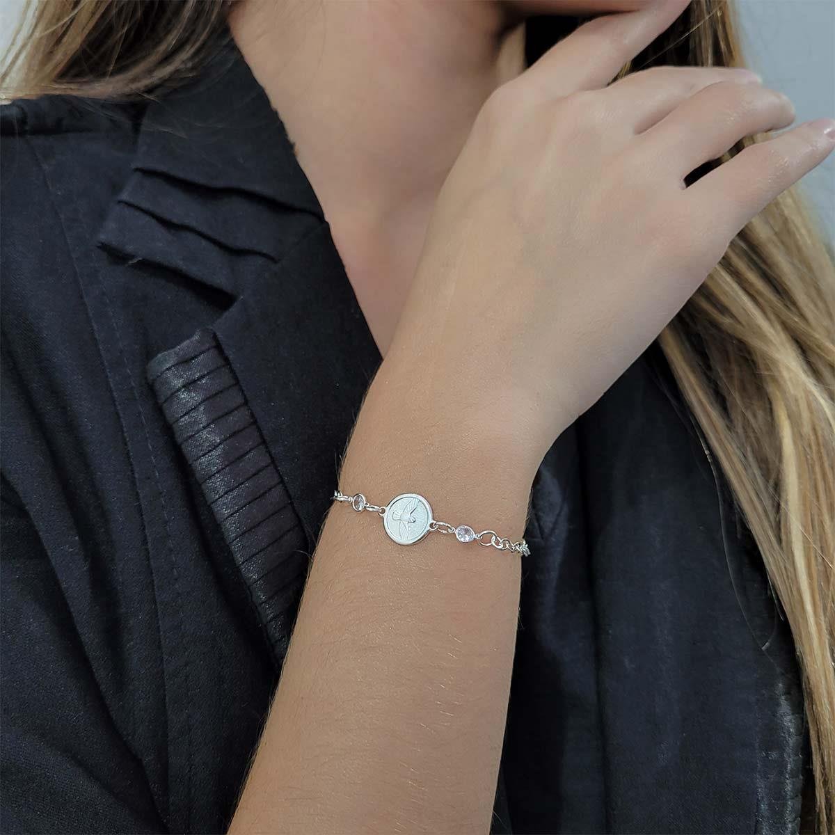 Pulseira de Prata Com Pingente Espirito Santo e Pontos de Luz 18cm
