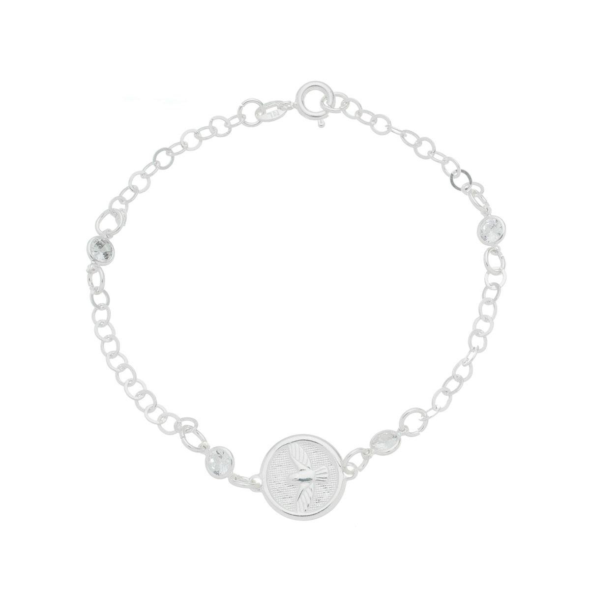 Pulseira de Prata Com Pingente Espirito Santo e Pontos de Luz 18cm