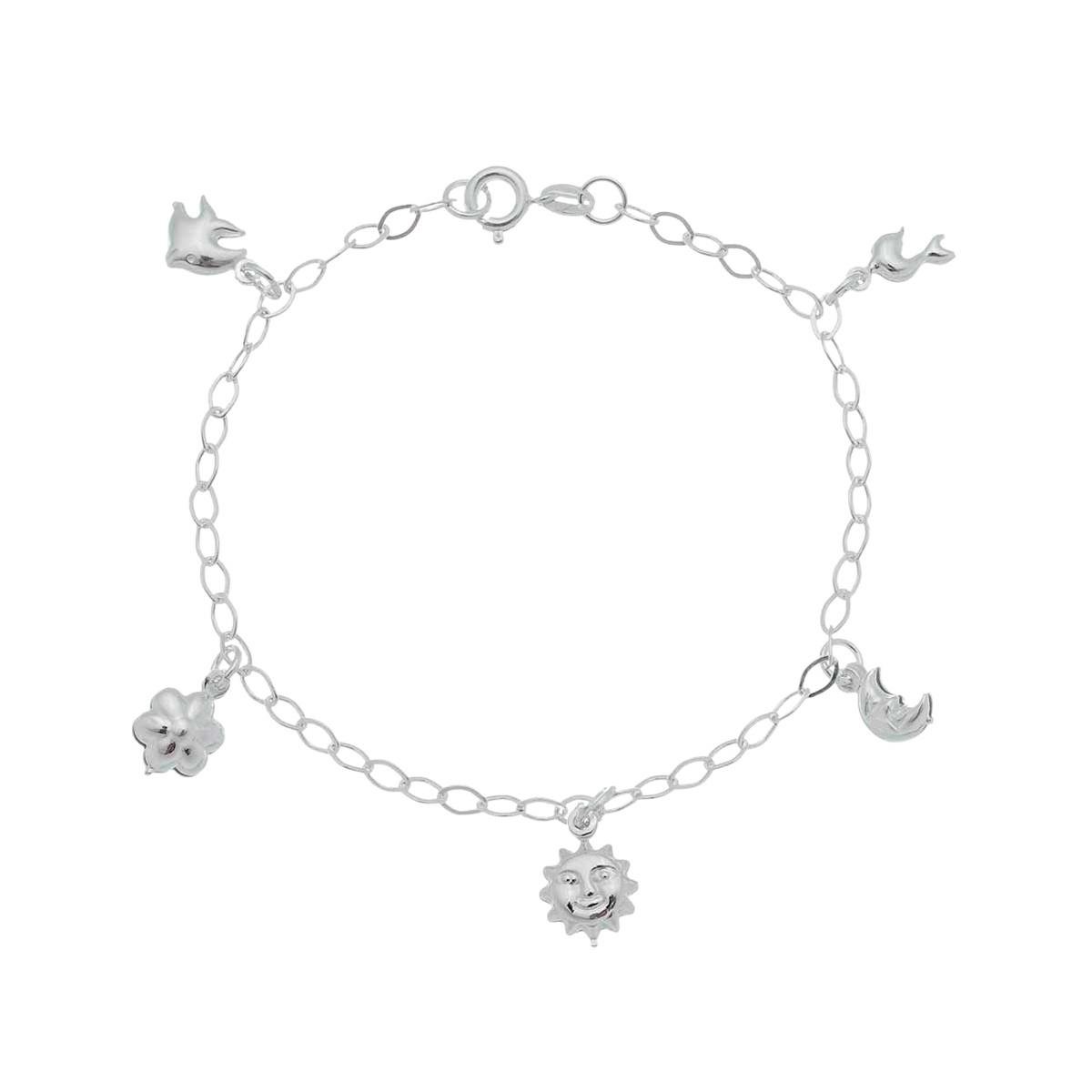 Pulseira de Prata com Pingentes de Flor, Peixe, Lua, Sol e Cavalo Marino 18 cm