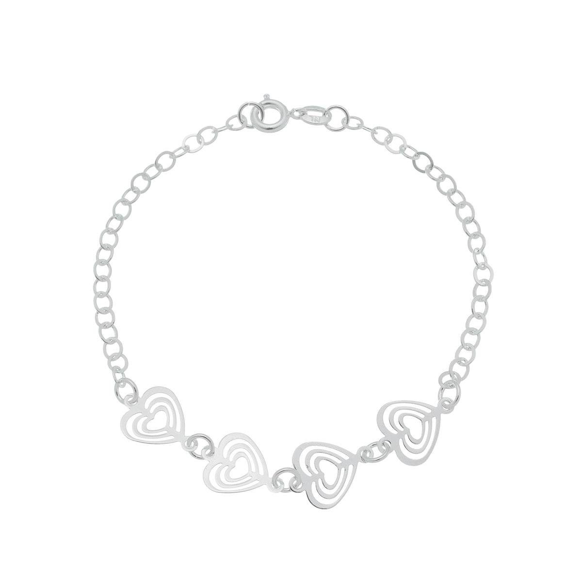 Pulseira de Prata Com Quatro Corações Triplos 18cm