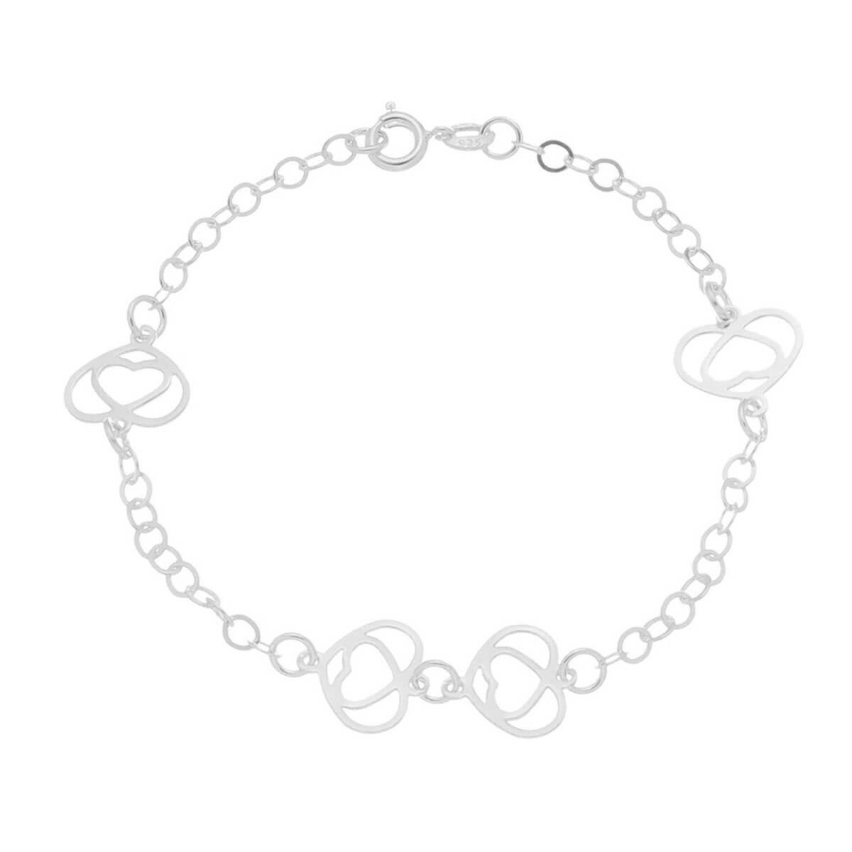 Pulseira De Prata Com Quatro Pingentes Coração Duplo 18cm