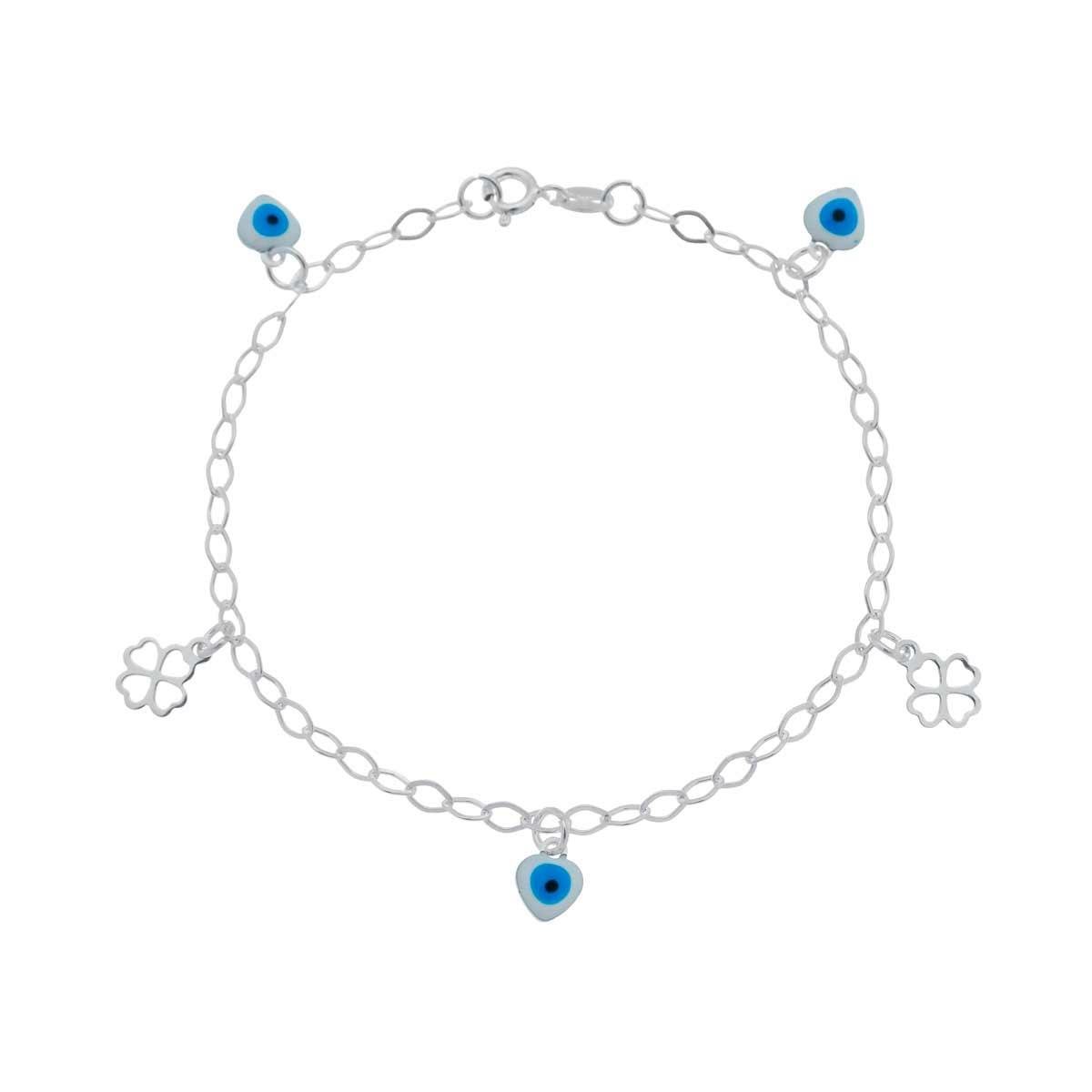 Pulseira de Prata Coração de Olho Grego e Trevo de Quatro Folhas 18cm