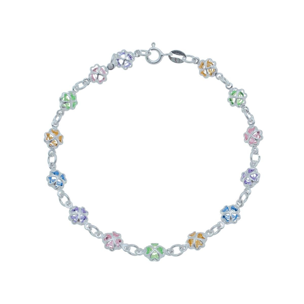 Pulseira de Prata de Flores de Zircônia Colorida 18cm