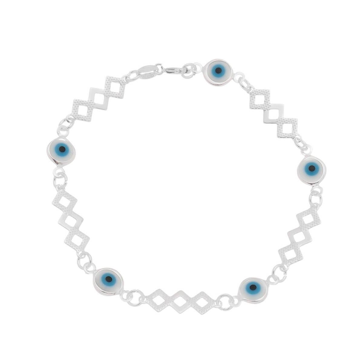 Pulseira de Prata de Olho Grego com Chapa de Três Losangos 18cm