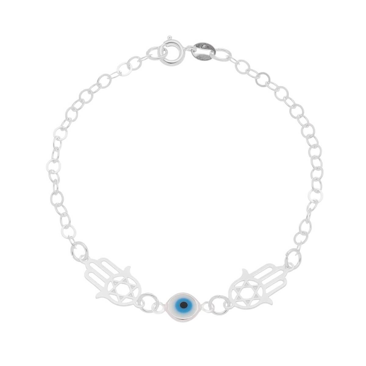 Pulseira de Prata Duas Mãos de Fátima e um Olho Grego 18cm