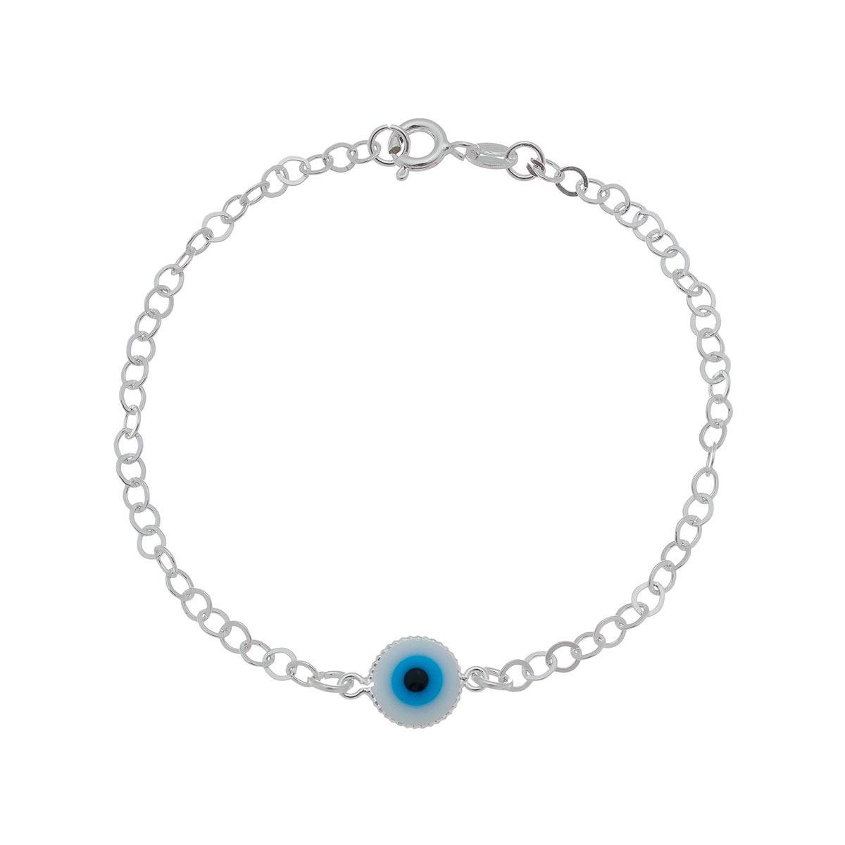 Pulseira de Prata Elo Cadeado com Olho Grego com Contorno 9mm 18cm