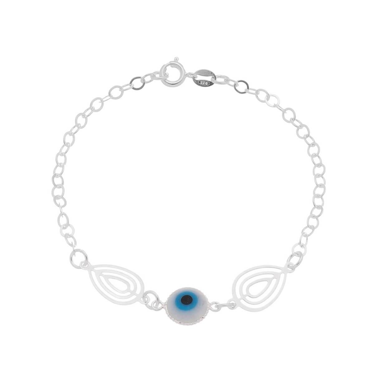 Pulseira de Prata Elo Cadeado Duas Chapas Gota Vazada e Olho Grego