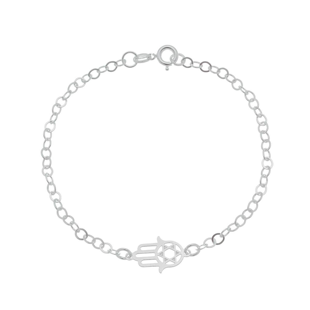 Pulseira De Prata Elo Cadeado Redondo Com Mão de Fátima 18cm