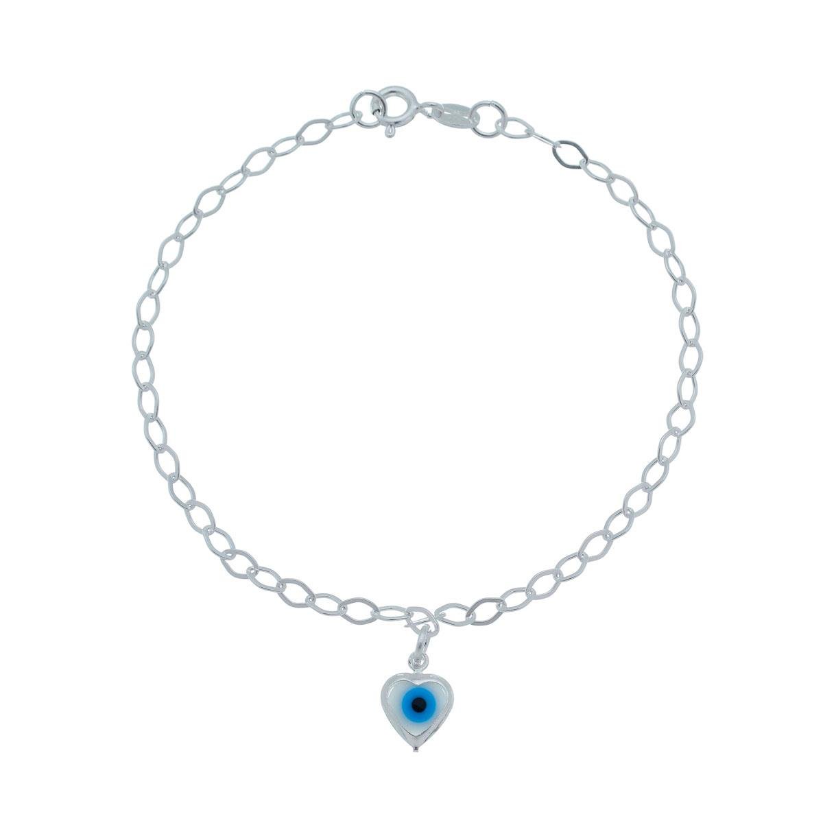 Pulseira De Prata Elo Losango Com Coração de Olho Grego