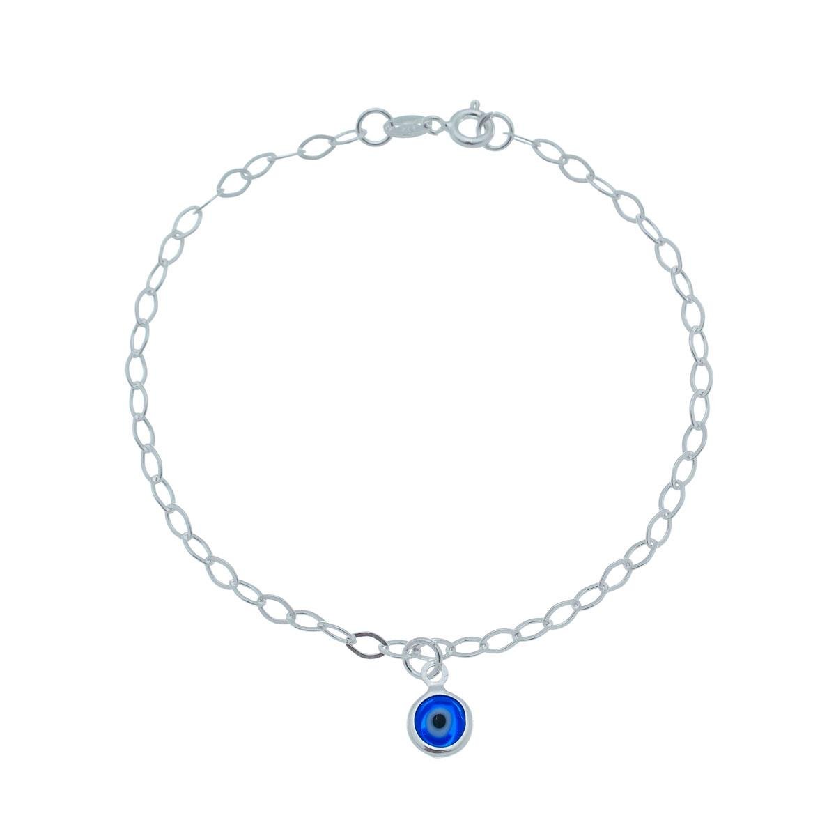 Pulseira De Prata Elo Losango Com Olho Grego Azul Marinho 18cm
