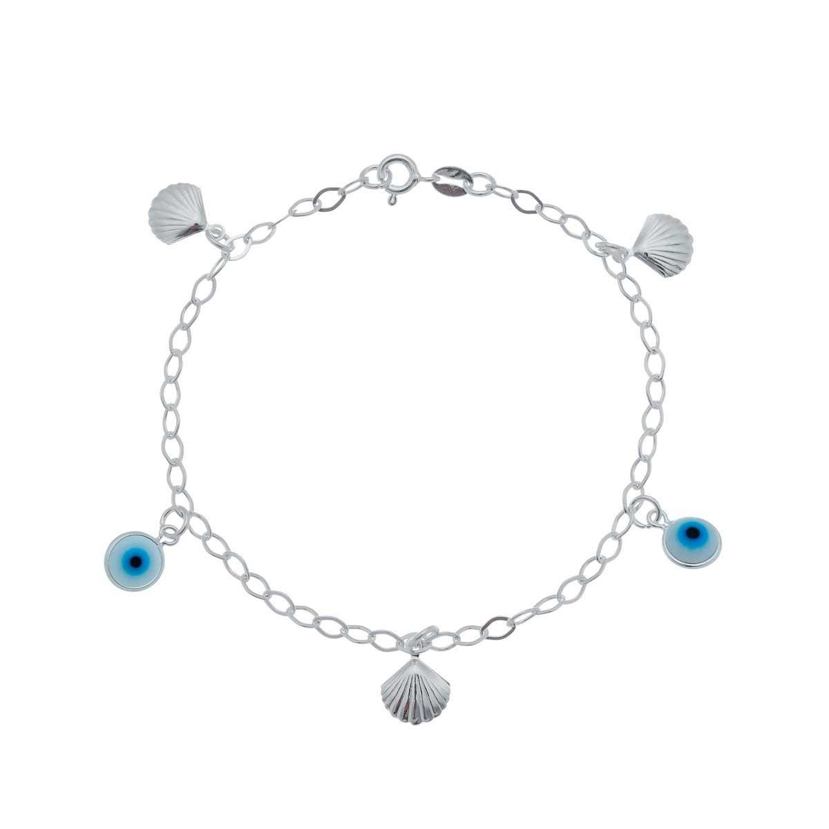 Pulseira de Prata Elo Losango Com Olho Grego e Concha 18cm
