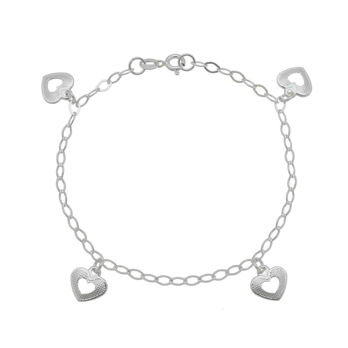 Pulseira De Prata Elo Losango Com Pingentes De Coração