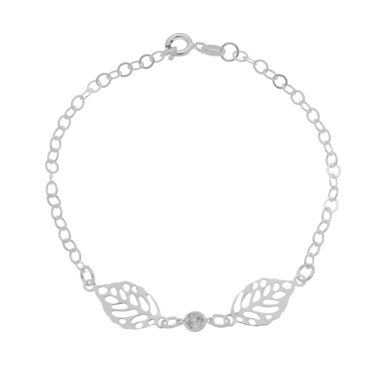 Pulseira de Prata Elos Simples com Duas Folhas e Ponto de Luz 18 cm