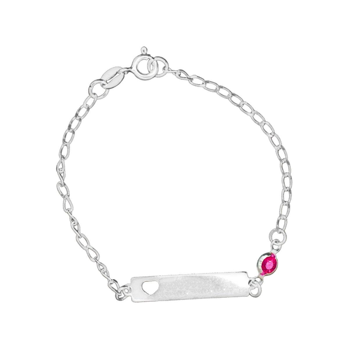 Pulseira de Prata Infantil Plaquinha Com Coração e Ponto de Luz 14cm