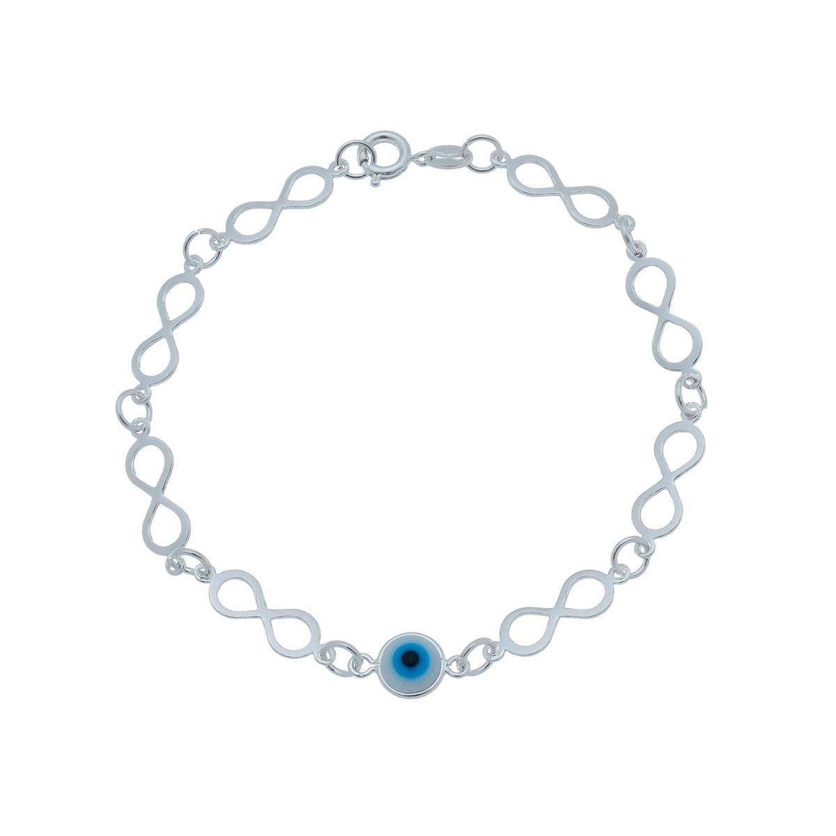 Pulseira de Prata Infinito Com Olho Grego 18cm