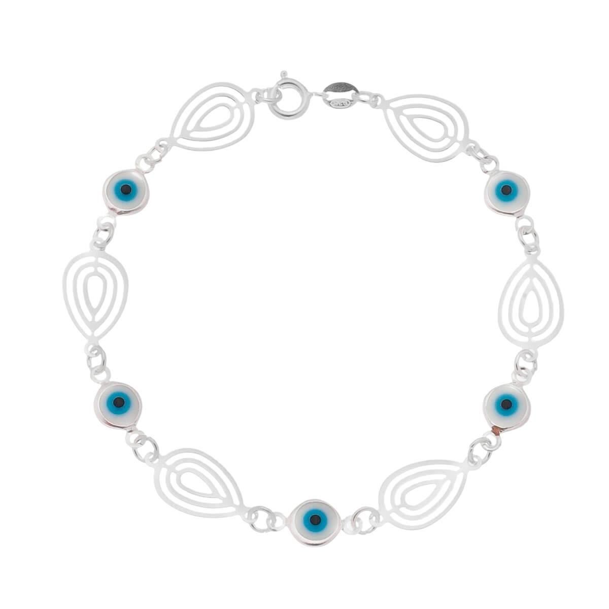 Pulseira de Prata Olhos Gregos e Chapas de Gota Vazada 18cm