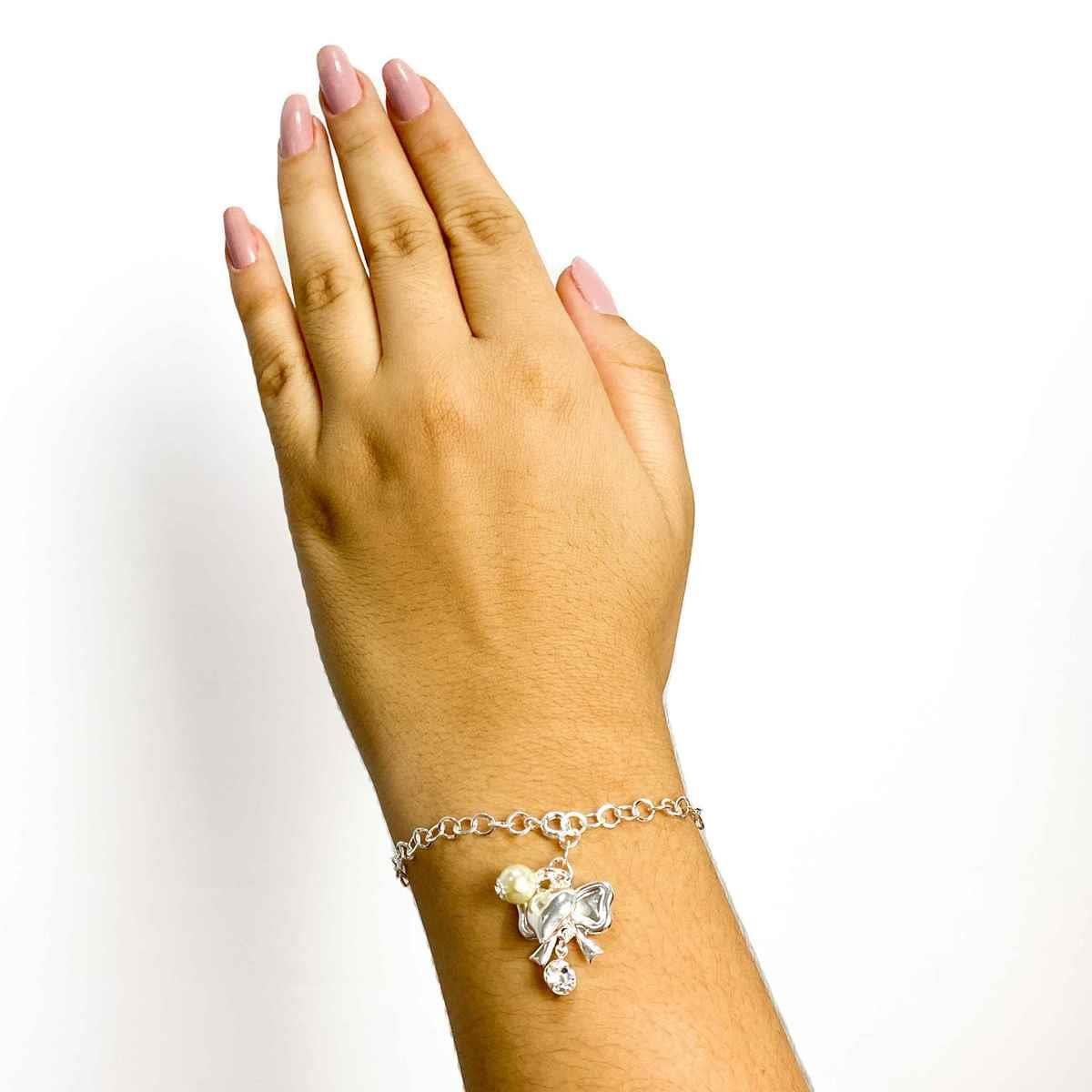 Pulseira Cadeado de Laço e Ponto de Luz Folheado a Prata