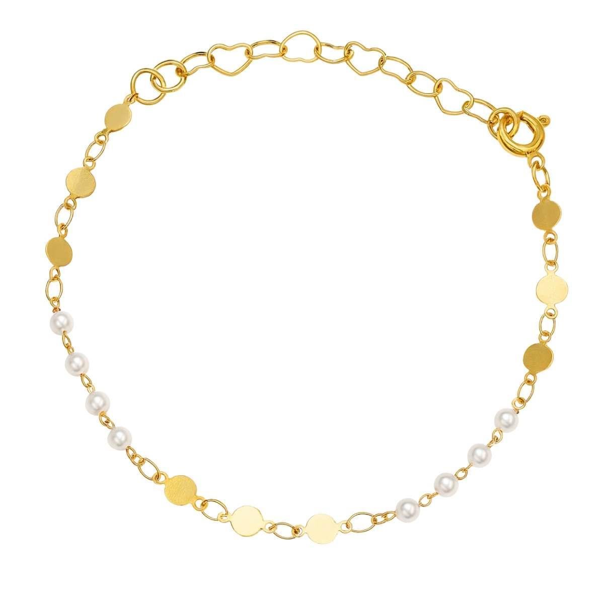 Pulseira Pérolas e Chapinhas 18cm Banhado a Ouro