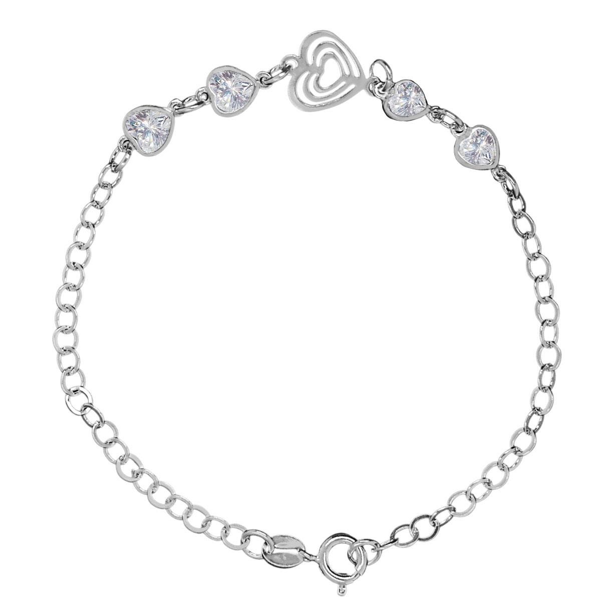 Pulseira de Prata Com Coração Vazado e Coração de Zircônia 18cm