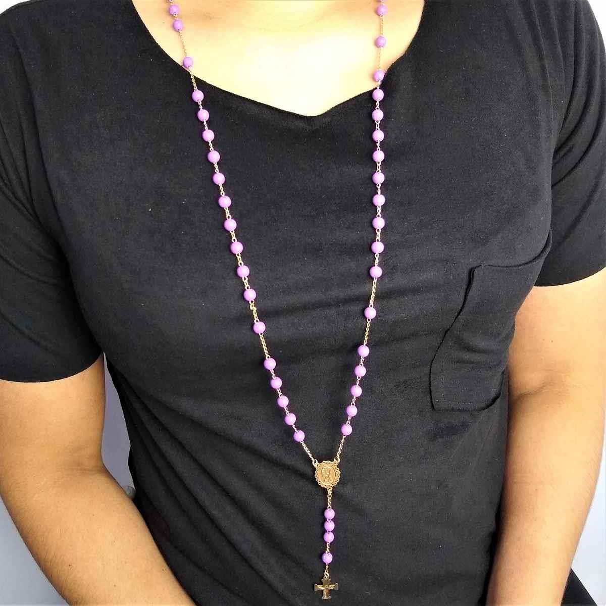 Terço 80cm Colorido Folheado a Ouro