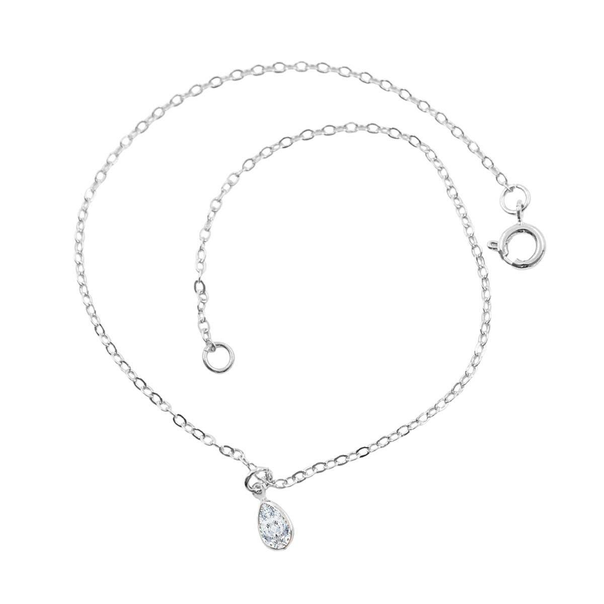 Tornozeleira Elo Americano Gota Zircônia Folheado a Prata