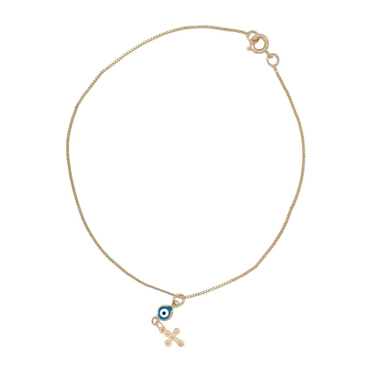 Tornozeleira de Olho Grego e Cruz Folheado a Ouro